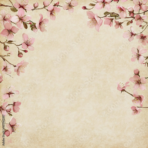 A vintage background with delicate pink cherry blossoms framing the edges. This image creates a beautiful and romantic feel