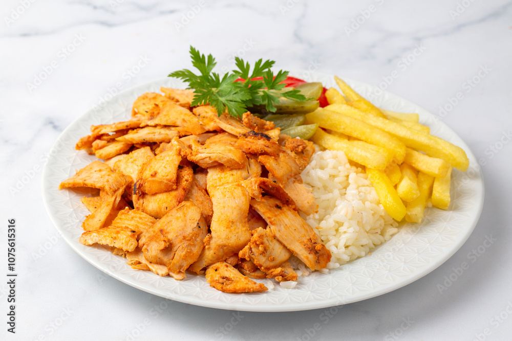 Chicken doner on pilaf with french fries and pickles