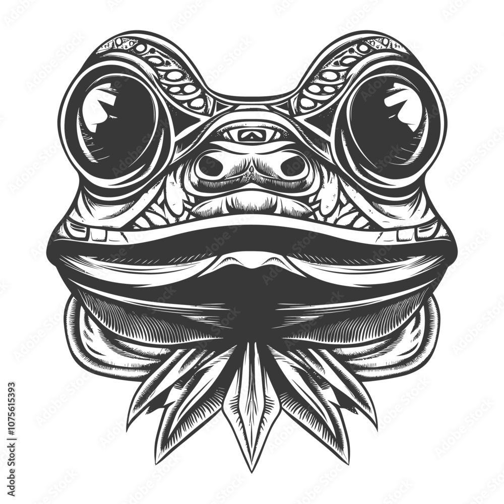 Detailed Black and White Illustration of a Frogs Head