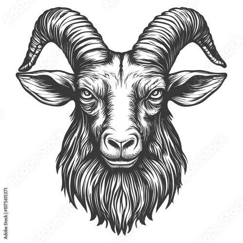 Detailed Black and White Illustration of a Goat Head with Horns