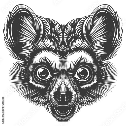 Detailed Black and White Illustration of a Furry Animal with Large Ears and Open Mouth