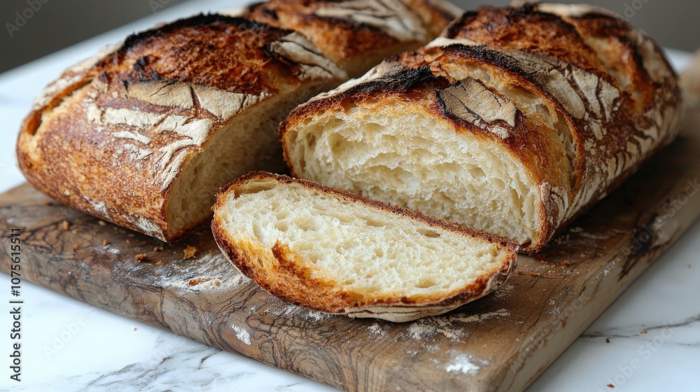 Freshly baked artisanal bread loaves on a wooden board with crisp crust Freshly baked artisanal bread loaves on a wooden board with crisp crust