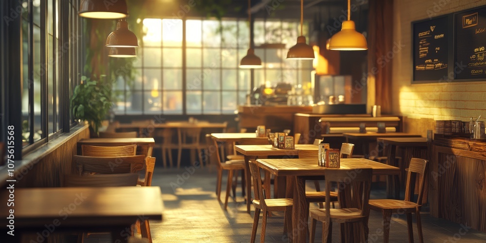 Empty Coffee Shop with Soft Morning Sunlight and Wooden Tables Empty Coffee Shop with Soft Morning Sunlight and Wooden Tables