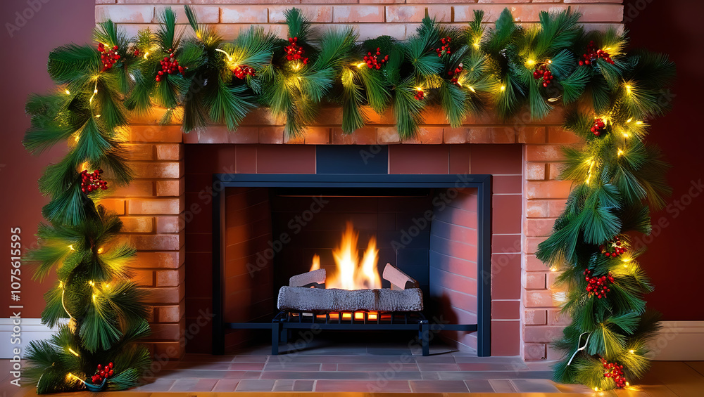A cozy fireplace with a lit fire, decorated with a green garland with red berries and twinkling lights. A cozy fireplace with a lit fire, decorated with a green garland with red berries and twinkling lights.