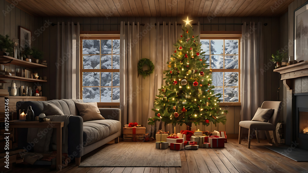 A cozy living room decorated for Christmas with a lit Christmas tree, presents, a fireplace, and a snowy view outside the window. A cozy living room decorated for Christmas with a lit Christmas tree, presents, a fireplace, and a snowy view outside the window.
