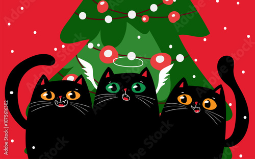 Kawaii character funny Black cats singing Christmas song near Christmas tree. Cute carols. Christmas and New year. Cartoon style.