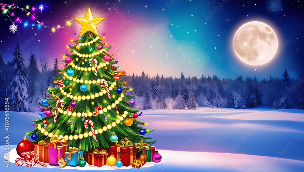 Obraz premium A decorated Christmas tree with presents underneath stands in a snowy forest under a bright moon.