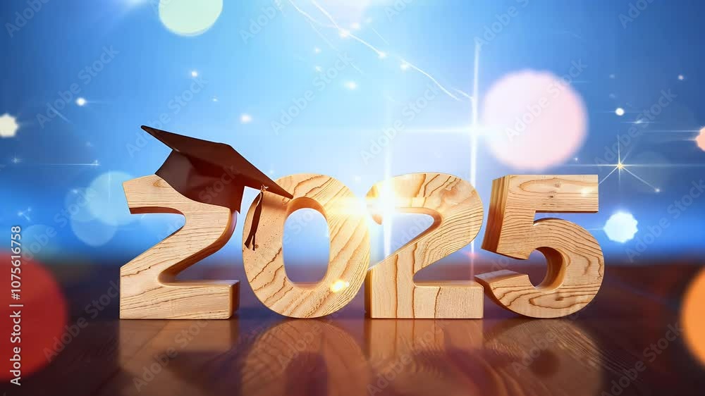 conceptual “Class 2025” banner featuring wooden numbers adorned graduate’s hat set blue background video bokeh effects celebrating milestones successes 2025 students achievers graduate new year