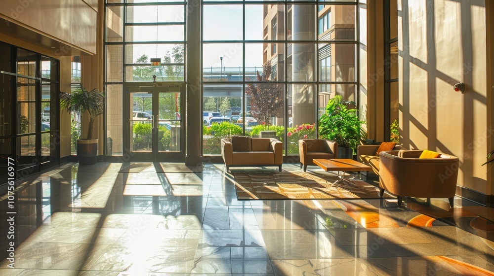 Sunlight streams through modern lobby windows, illuminating brown chairs, table, and plants. Bright light creates a warm, inviting atmosphere in this contemporary space