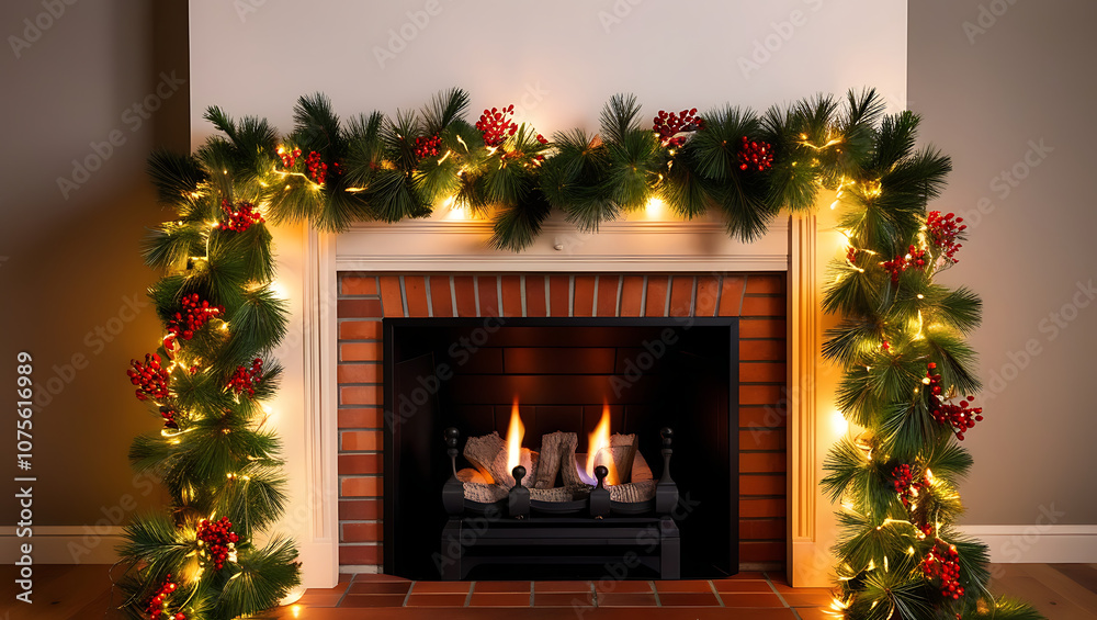 A fireplace with a lit fire and a garland of pine branches, red berries, and twinkling lights around the mantle. A fireplace with a lit fire and a garland of pine branches, red berries, and twinkling lights around the mantle.
