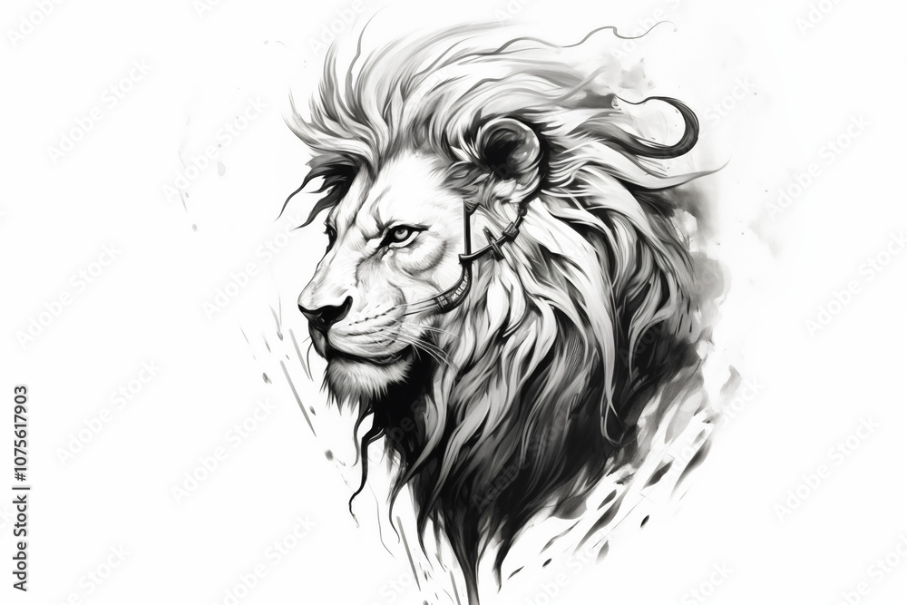 Fototapeta premium Black lion tattoo on white background. Tiger tattoo. Tattoo ideas. For tattoo artists. Tattoo parlor. Love tattoo. Black ink. My tattoo. Lion astrological sign