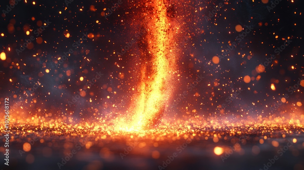 Fire tornado swirling in the dark.
