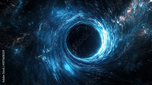A mesmerizing view of a swirling cosmic black hole in deep space, showcasing brilliant blue light and the vastness of the universe