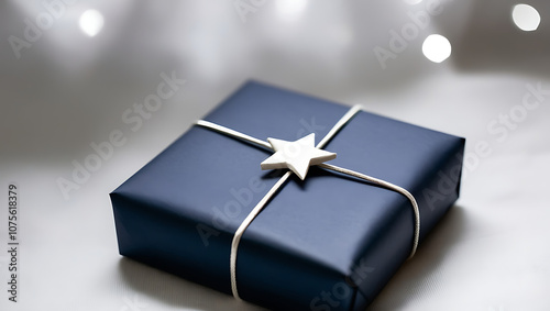 A navy blue gift box with a white star on top, wrapped in string. The gift is on a white surface with blurred white lights in the background. photo