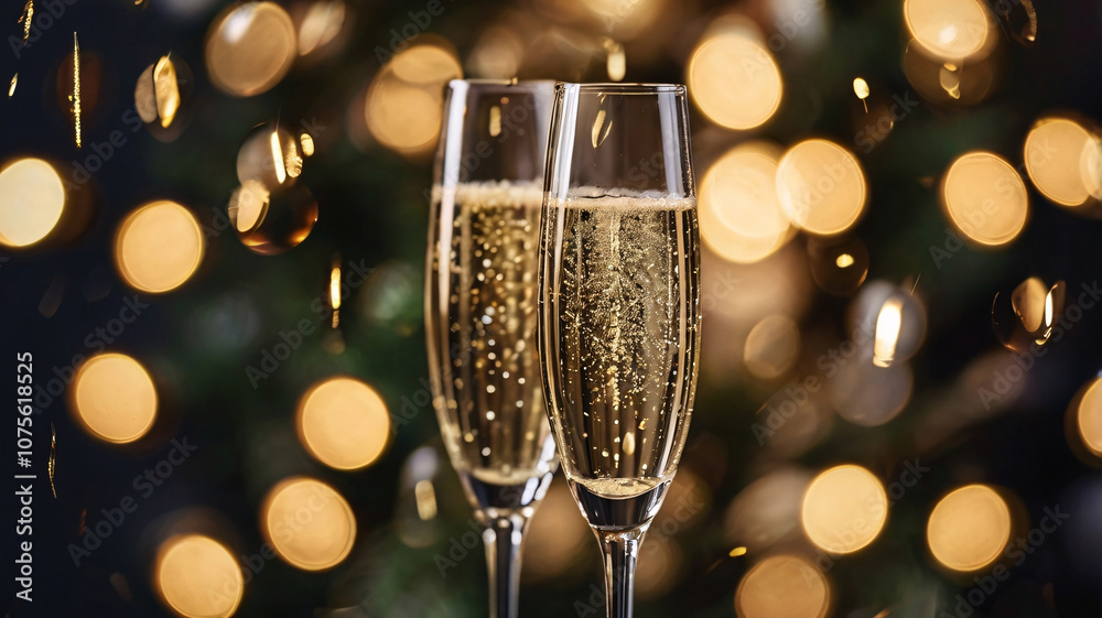 Champagne Glasses with Festive Bokeh Lights. Close-up of champagne glasses with golden bubbles, set against a background of warm orange and cool blue bokeh lights.
Banner Champagne Glasses with Festive Bokeh Lights. Close-up of champagne glasses with golden bubbles, set against a background of warm orange and cool blue bokeh lights.
Banner