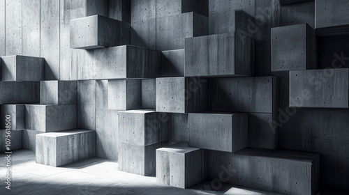 Concrete wall with geometric block formations in an industrial setting, showcasing shadows and light play during daylight hours