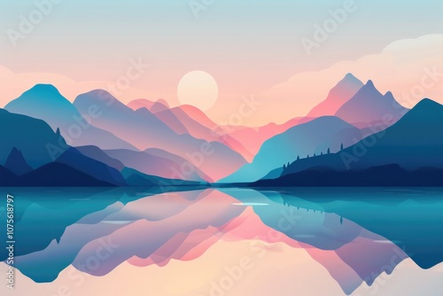 Nordic Mountains Landscape with Sky and Lake. Minimalist Spring Background Illustration