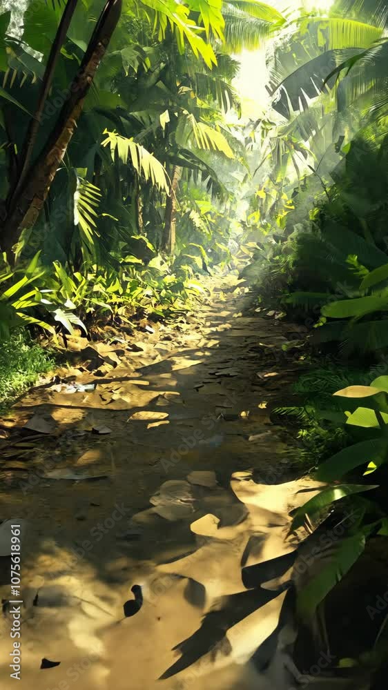 A stone path winds through a lush tropical jungle, dappled sunlight filtering through the thick canopy overhead