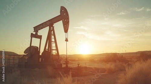 Close up of an oil pump jack in operation, desert landscape with sunrise in the background, high-tech machinery details photo