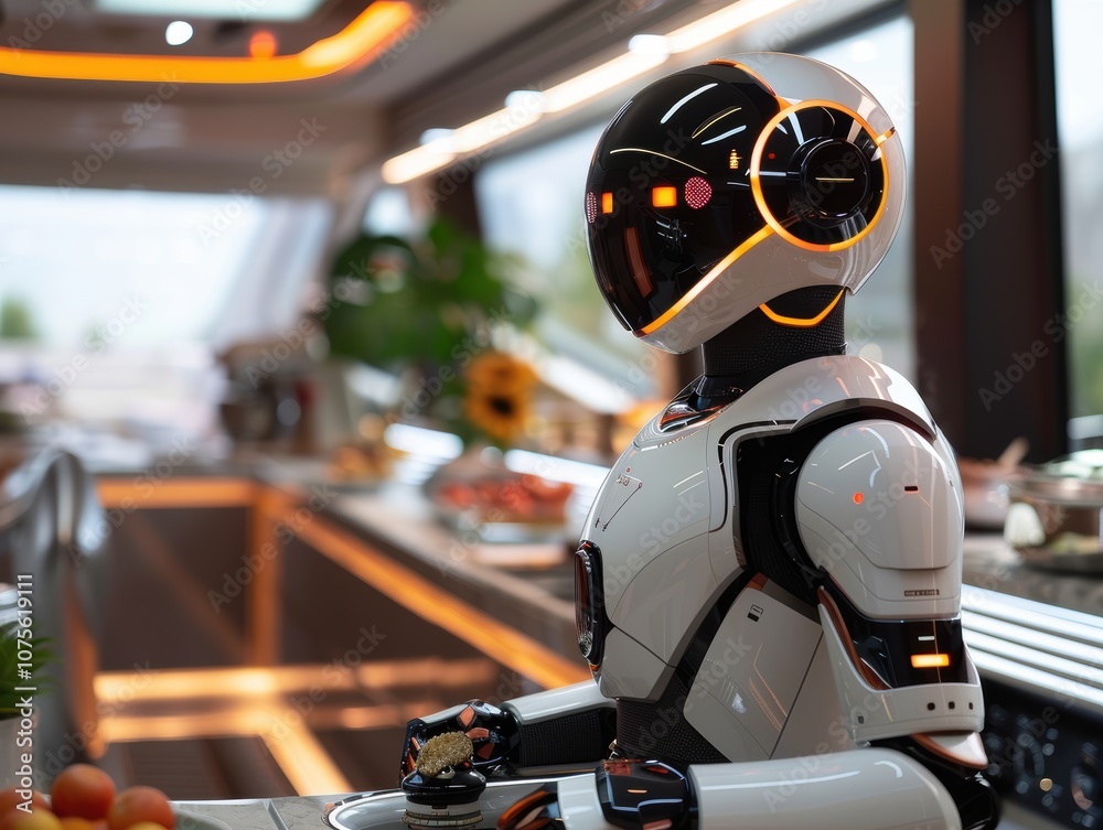 Humanoid robot ready to deliver a plate with a dessert in a futuristic restaurant Humanoid robot ready to deliver a plate with a dessert in a futuristic restaurant