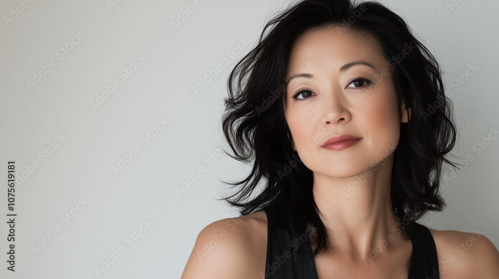 studio portrait of woman with shoulder-length wavy black hair
studio portrait of woman with shoulder-length wavy black hair