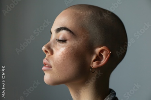 Side Head. Androgynous Woman Embracing Diversity with Shaved Head