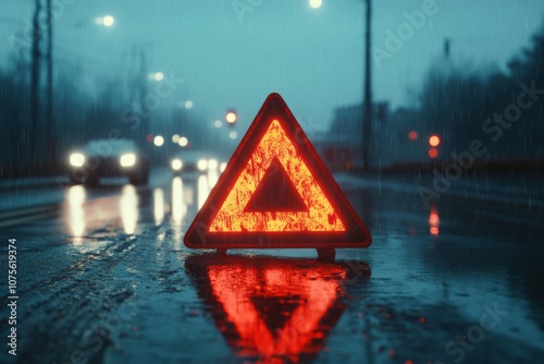 An emergency warning sign shines on the wet asphalt at night, signaling caution during heavy rain and traffic, alerting drivers to potential dangers from hazardous roadway conditions