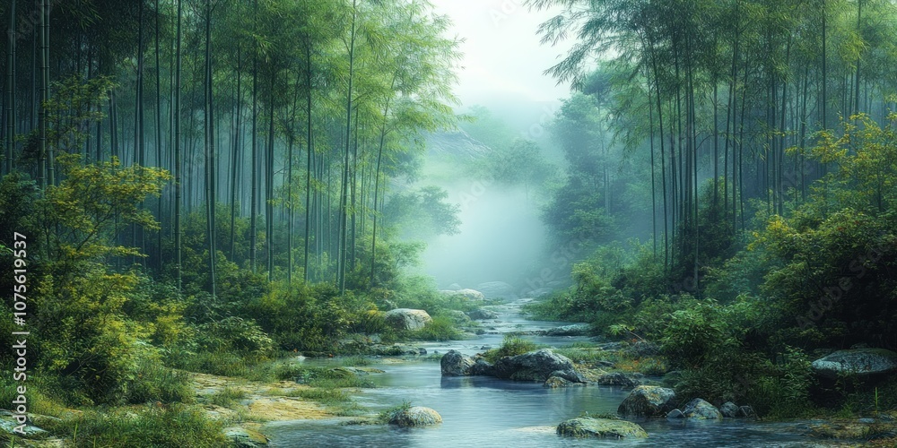 Obraz premium Tranquil Stream Flows Through a Misty Bamboo Forest.
