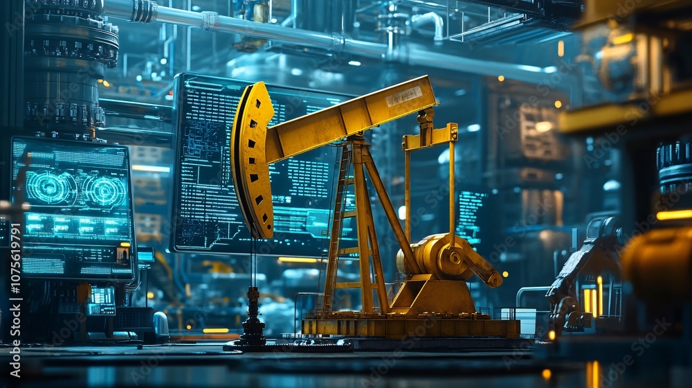 High-tech oil pump jack in a futuristic setup, surrounded by digital displays and robotic arms, sci-fi industrial
