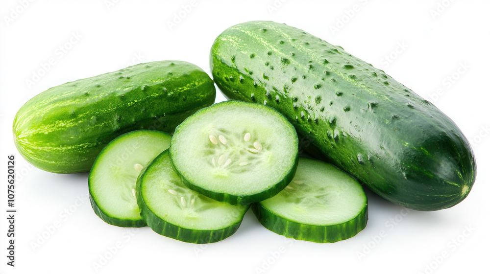 Fresh cucumbers sliced and whole arranged neatly on a white background, showcasing their crisp texture and vibrant color Fresh cucumbers sliced and whole arranged neatly on a white background, showcasing their crisp texture and vibrant color