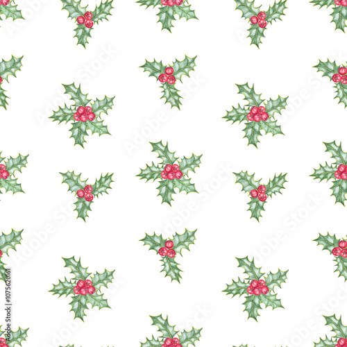 Holly with green leaves and red berries forming a repeatable seamless pattern. Hand drawn ilex watercolor illustration for fabric designs, wallpaper, gift wrapping, and festive product packaging