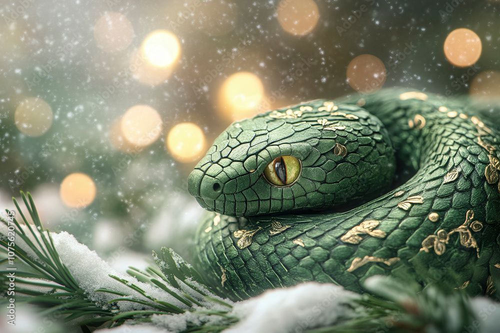 A green snake resting on snowy pine branches with soft glowing lights during a winter evening