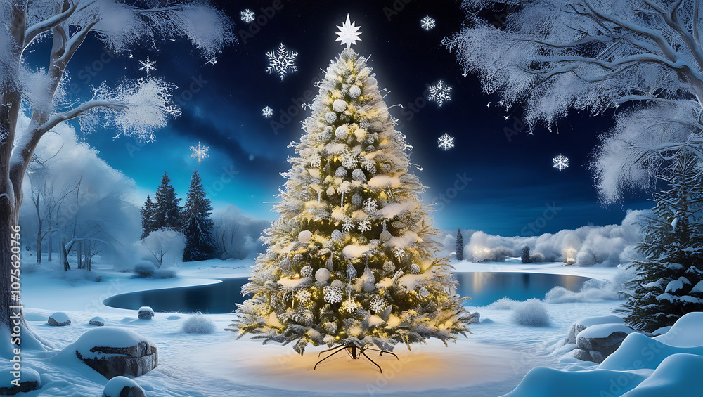 A snowy winter scene with a decorated Christmas tree standing tall in a forest clearing.