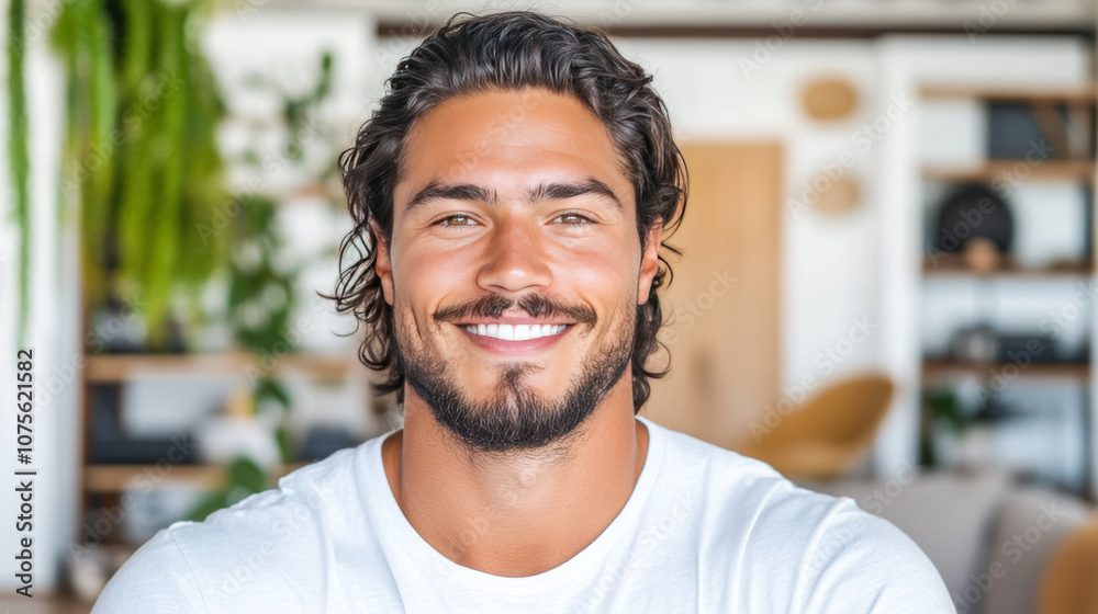 Smiling man with long hair in a white shirt. Smiling man with long hair in a white shirt.