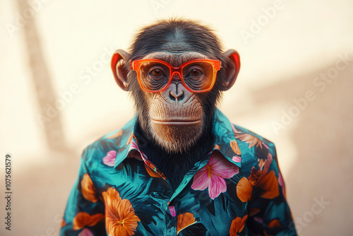 A stylish monkey wearing colorful glasses and a floral shirt in a bright outdoor setting during the day