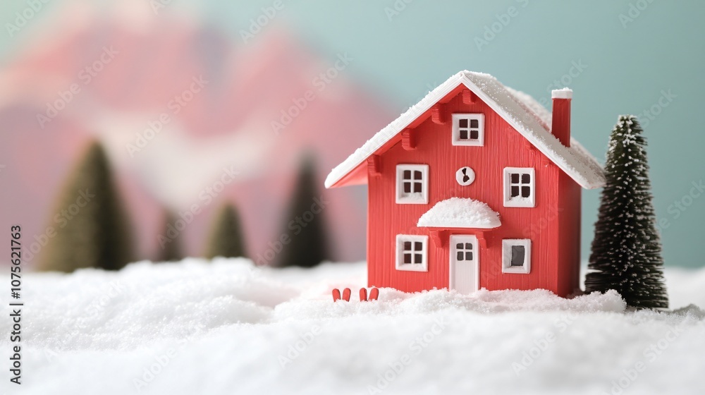 Bright red and white Swiss-style chalet toy house, tiny skis and snowy base, soft mountain-themed background Bright red and white Swiss-style chalet toy house, tiny skis and snowy base, soft mountain-themed background