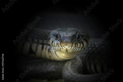 Snake close-up, on a black background. Symbol of the year 2025. High quality photo