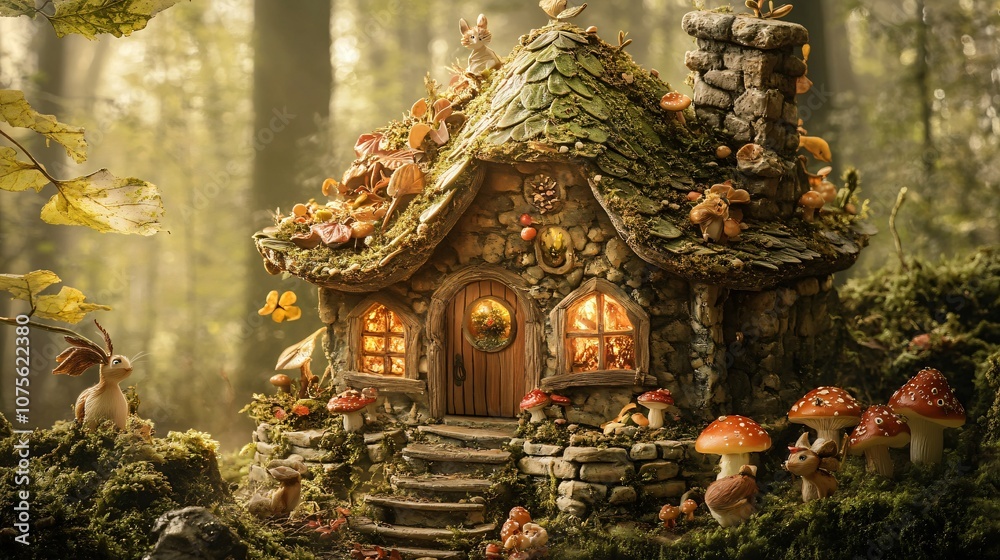 Fototapeta premium Enchanted elf toy house with mini mushrooms and leaf roof, surrounded by woodland creatures, earthy forest background