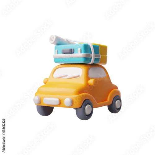 Vector 3d illustration of a passenger car, yellow with suitcases on the roof.