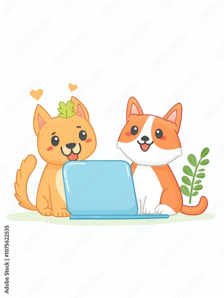 Obraz premium Kittens and puppies enjoy playtime together near a laptop in a cozy nursery