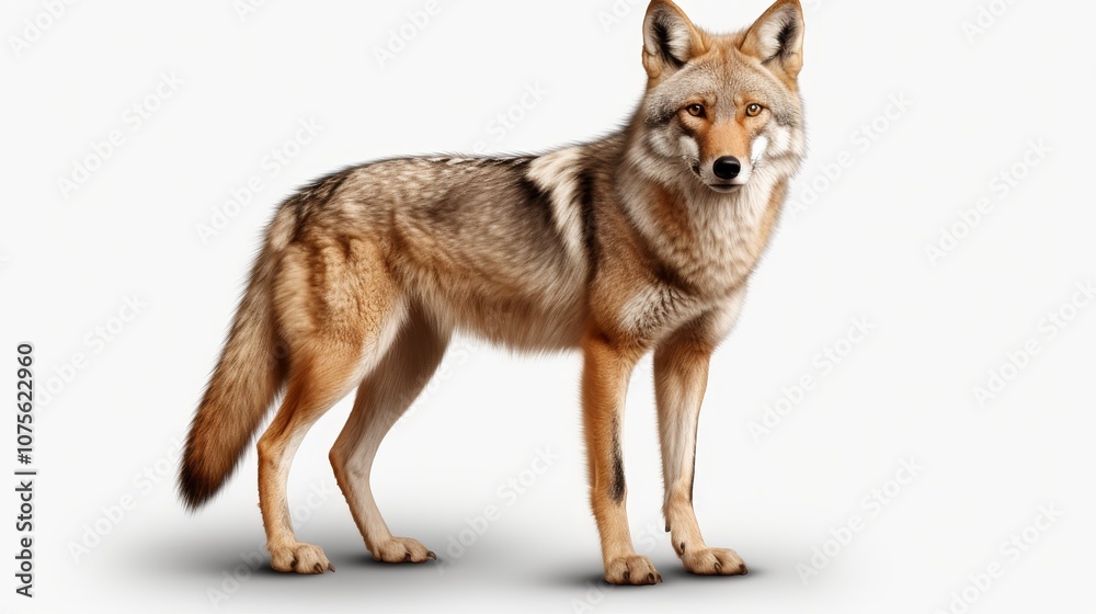 Fototapeta premium Realistic png image of an alert coyote against a versatile background for design use