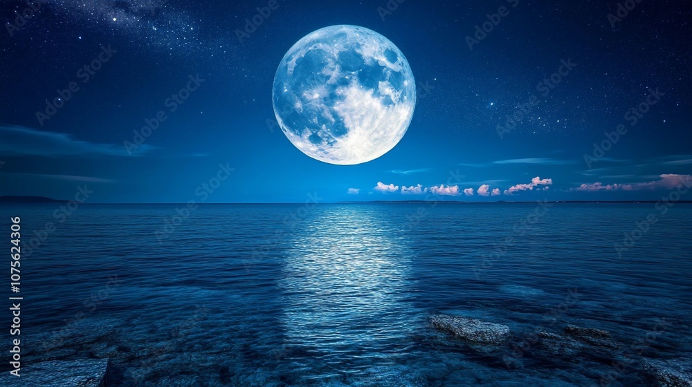 Full moon reflecting on a calm sea with stars in the night sky. Full moon reflecting on a calm sea with stars in the night sky.
