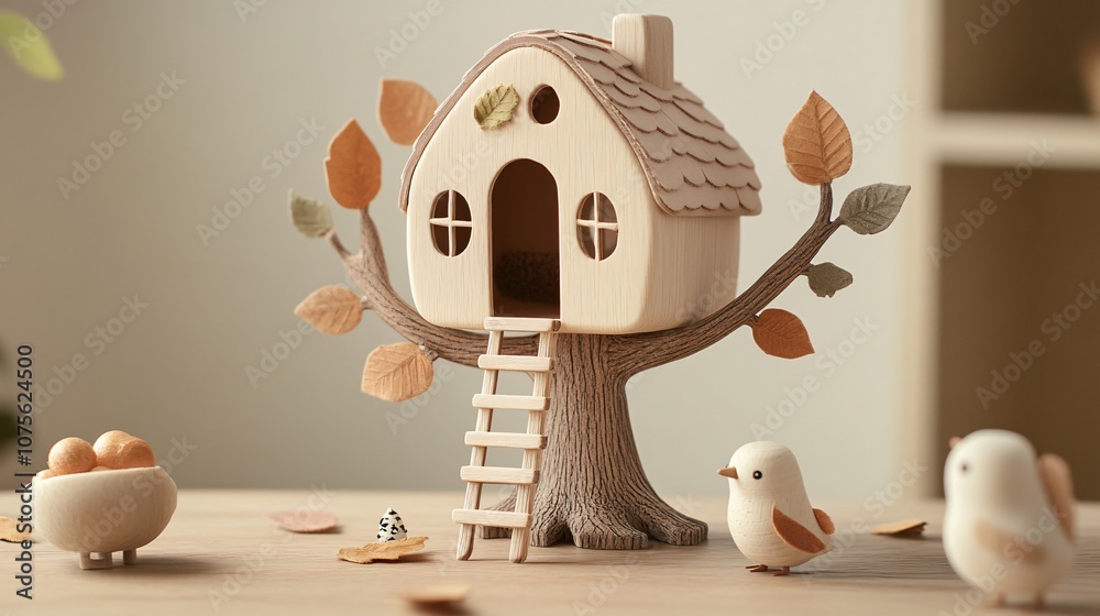 Naklejka premium Whimsical treehouse toy with tiny ladders and leaf accents, woodland creatures scattered around, soft earth-toned background