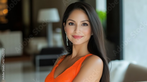 Free Download A  woman with long, dark, straight hair, tanned skin and brown eyes, wearing an elegant designer dress - GFXLoad