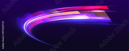 Neon lights and circles move quickly against a dark background. Vector speed of light in space on dark background. Beautiful glow light flare and spark. 
