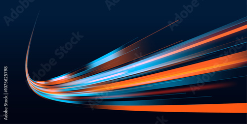 Neon lights and circles move quickly against a dark background. Vector speed of light in space on dark background. Beautiful glow light flare and spark. 