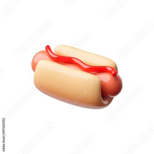 Hot dog with ketchup 3D cartoon plastic style vector icon, fast food takeaway eating, bun, grilled sausage and sauce