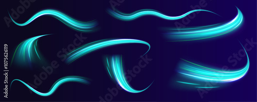 A large set of low-poly designs made of thin lines in the form of branches, spirals and arcs. Green speed line wavy shape on dark background. High speed green waves for eco-design.