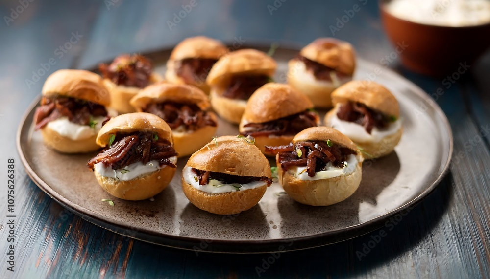 Mini buns hold barbecue beef brisket topped with caramelized onions and creamy horseradish _1(1450) Mini buns hold barbecue beef brisket topped with caramelized onions and creamy horseradish _1(1450)