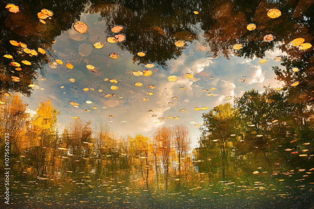 Obraz premium Autumn Leaves Floating on Reflective Water Surface